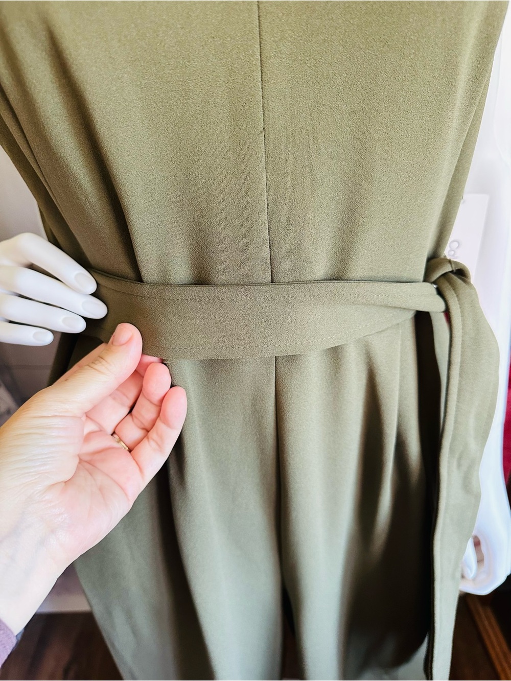 Calvin Klein Olive Green Ruffle Wide Leg Belted Jumpsuit - Picture 7 of 11